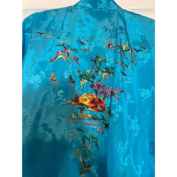 NWT Golden BEE Dragon All Rayon Hand Embroidered Long Red Kimono Robe Blue Sz S - Picture 3 of 5